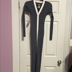 STAUD Navy and White Striped Long-Sleeve Footie Jumpsuit